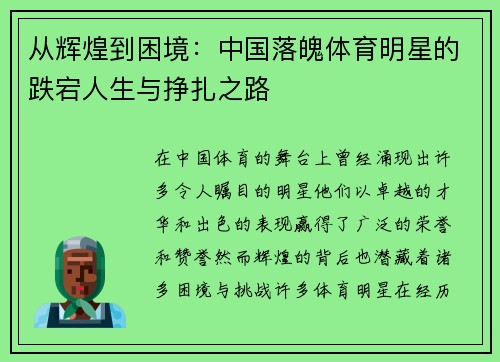 从辉煌到困境：中国落魄体育明星的跌宕人生与挣扎之路
