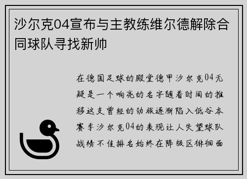 沙尔克04宣布与主教练维尔德解除合同球队寻找新帅